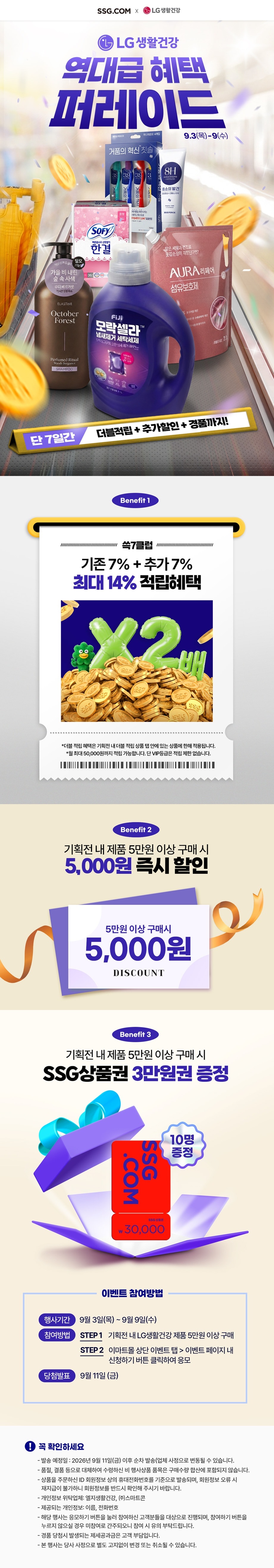 역대급 혜택 퍼레이드기존 7% + 추가 7%최대 14% 적립혜택기획전 내 제품 5만원 이상 구매 시5,000원 즉시 할인기획전 내 제품 5만원 이상 구매 시SSG상품권 3만원권 증정