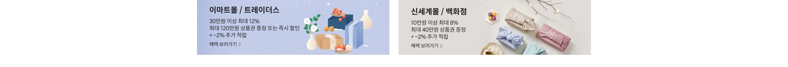 이마트몰/트레이더스 30만원 이상 12%, 신세계몰/백화점 10만원 이상 최대 8% +~2% 추가 적립