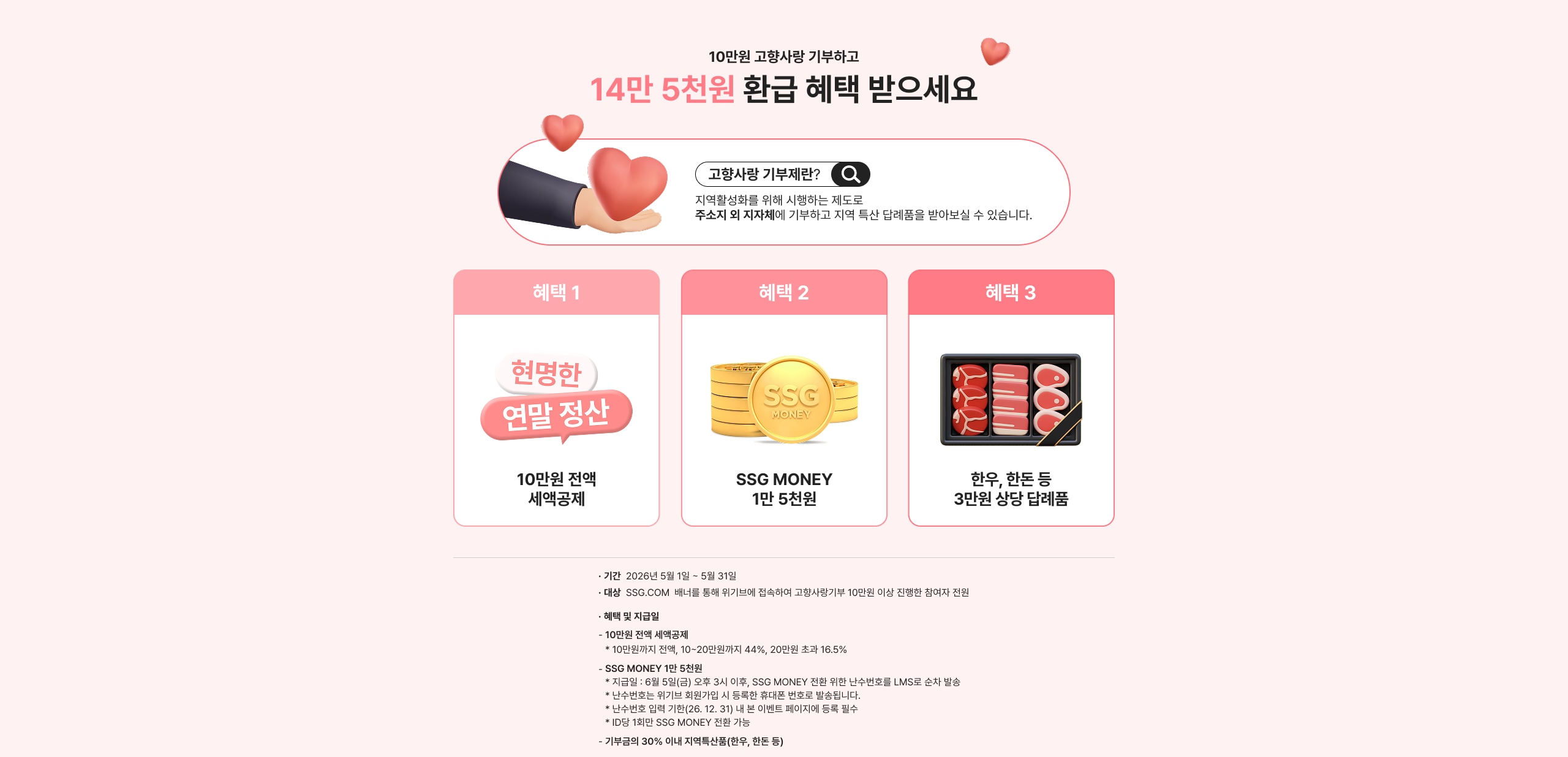 위기브 바로가기 접속후 10만원이상 기부시, 10만원 전액세액공제와 쓱머니 1.5만원지급 그리고 3만원 상당의 답례품 헤택을 드립니다.
