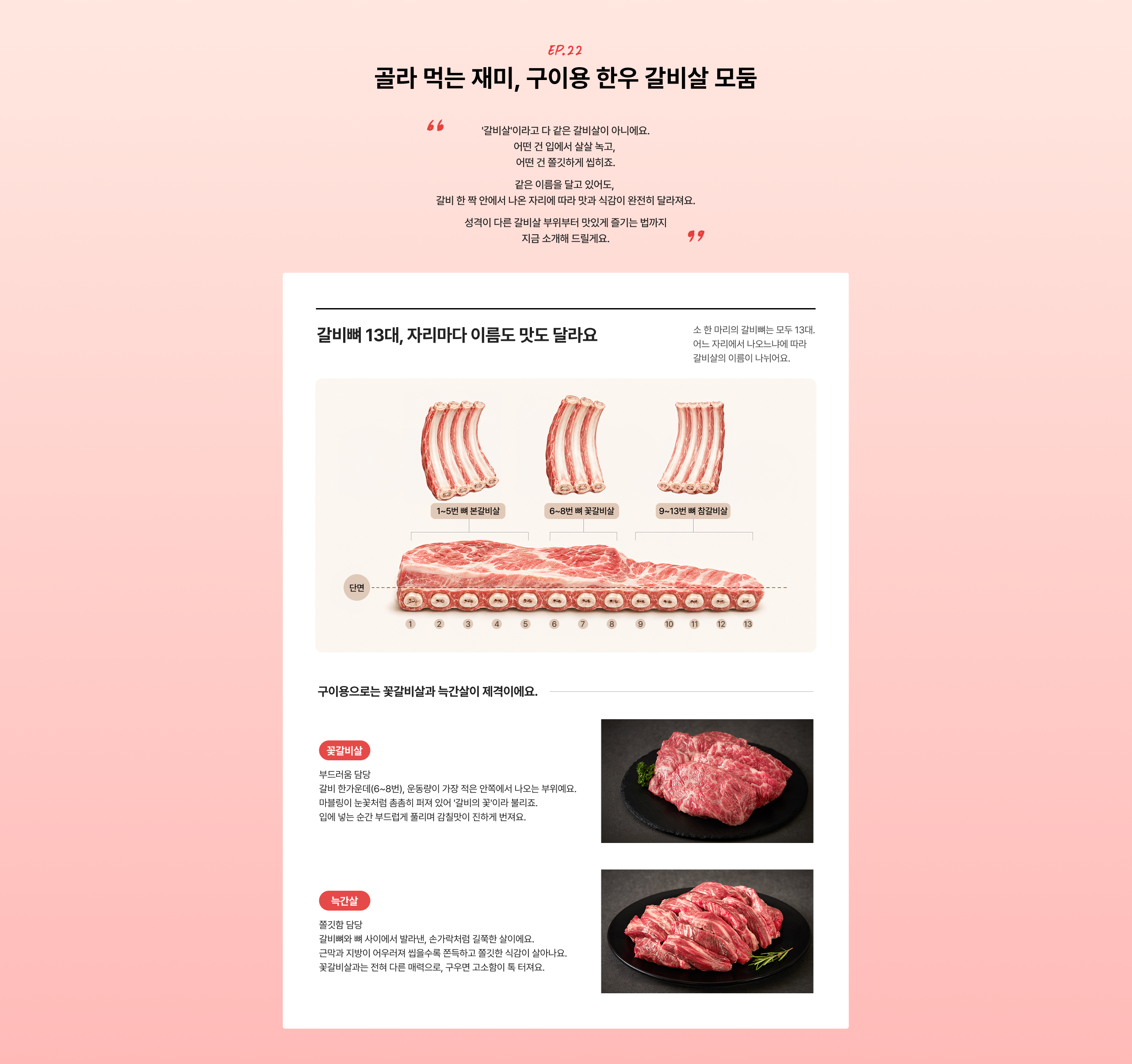 골라 먹는 재미, 구이용 한우 갈비살 모두 갈비뼈 13대, 자리마다 이름도 맛도 달라요 구이용으로는 골비살과 목살이 제격이에요.
