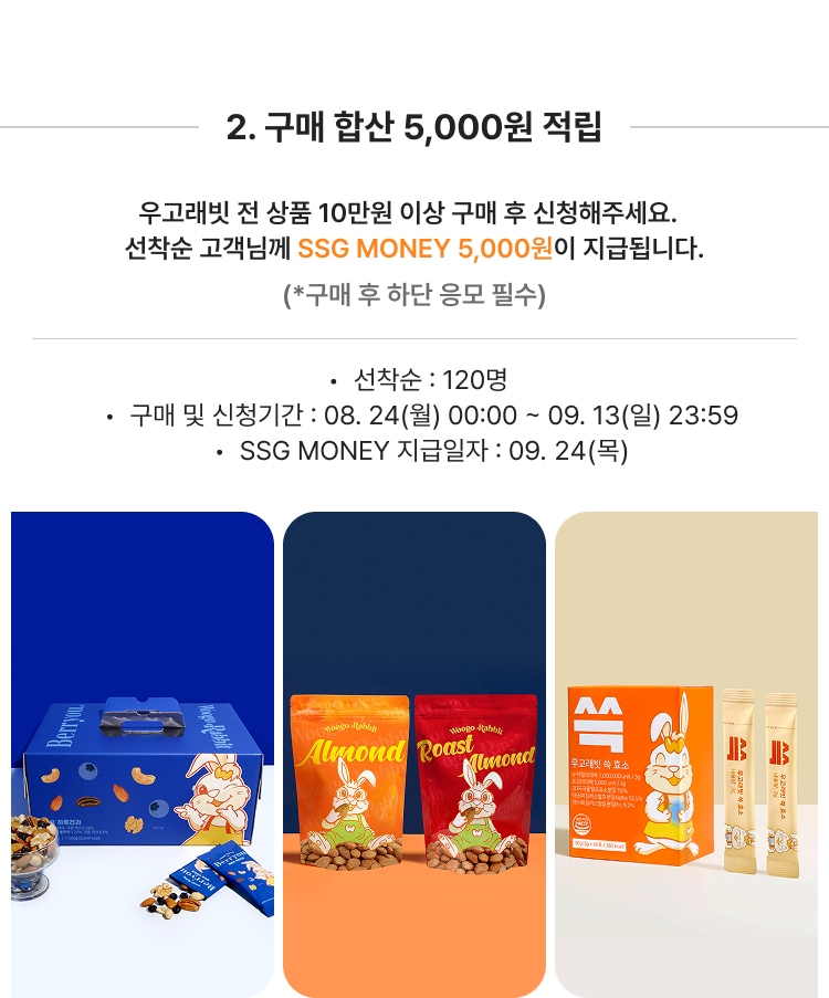 2. 구매 합산 5,000원 적립 우고래빗 전 상품 10만원 이상 구매 후 신청해주세요. 선착순 고객님께 SSG MONEY 5,000원이 지급됩니다. (*구매 후 하단 응모 필수) 선착순 : 120명 구매 및 신청기간 : 08. 24(월) 00:00 ~ 09. 13(일) 23:59 SSG MONEY 지급일자 : 09. 24(목)