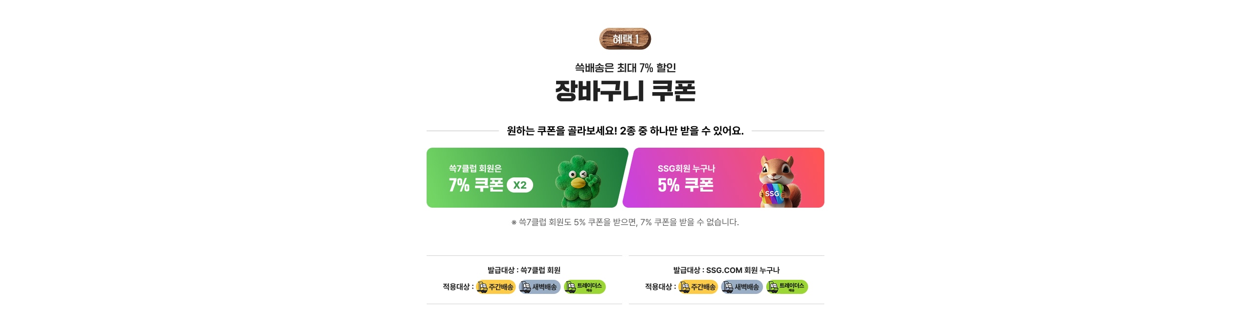 혜택 1 쓱배송은 최대 7% 할인 장바구니 쿠폰 원하는 쿠폰을 골라보세요! 2종 중 하나만 받을 수 있어요. 7% 쿠폰 X2 SSG 회원 누구나 5% 쿠폰 ※ 쓱7클럽 회원도 5% 쿠폰을 받으면, 7% 쿠폰을 받을 수 없습니다.