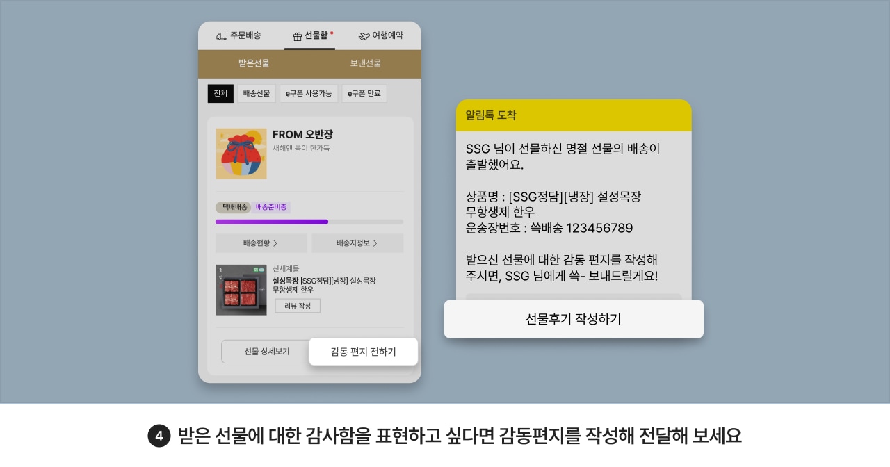 알림톡 도착 SSG 님이 선물하신 명절 선물의 배송이 출발했어요.