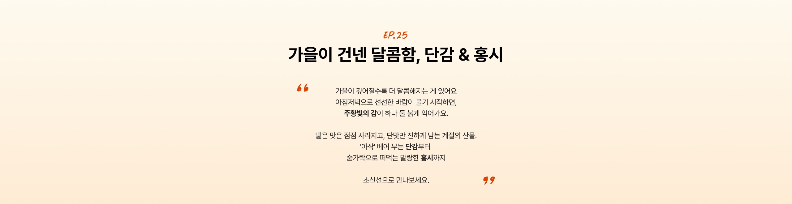 가을이 건넨 달콤함, 단감 & 홍시  가을이 깊어질수록 더 달콤해지는 계 있어요 아침저녁으로 선선한 바람이 불기 시작하면, 주황빛의 감이 하나 둘 붉게 익어가요.  떨은 맛은 점점 사라지고, 단맛만 지하게 남는 계절의 선물. '아삭' 베어 무는 단감부터 순갛락으로 떠먹는 달량한 홍시까지  초신선으로 만나보세요.