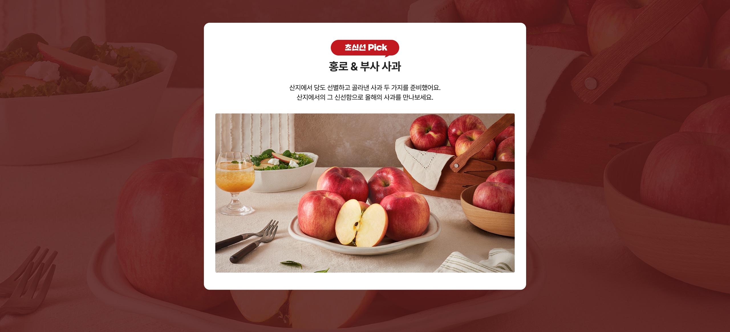 초신선 Pick 홍로 & 부사 사과 산지에서 당도 선별하고 골라낸 사과 두 가지를 준비했어요. 산지에서의 그 신선함으로 올해의 사과를 만나보세요.