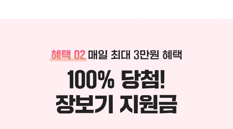 혜택 02 매일 최대 3만원 혜택 100% 당첨! 장보기 지원금